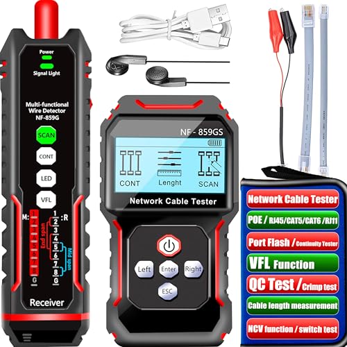 NF-859GS Probador de cable de red con VFL Functio 10mw Localizador de fallas visuales, para POE RJ45 RJ11 CAT5 CAT6 Prueba de cont