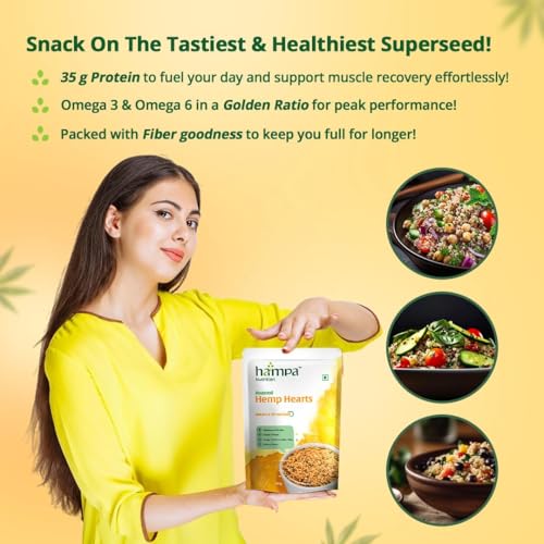 Image of Hampa Roasted Hemp Hearts 100g | Plain roasted | Dietary Fibres | Shelled Hemp Seeds for Eating | Healthy Snack | 35g Plant Protein | 38g Good Fats-Omega 3,6,9 | Wholesome Nutrition | Eat Raw