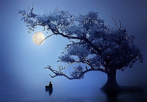 Wesmilewallpaper Papier Peint 3D Intissé Murales Arbre De Nuit De Lune Bleue Zen 350x245cm Papier...