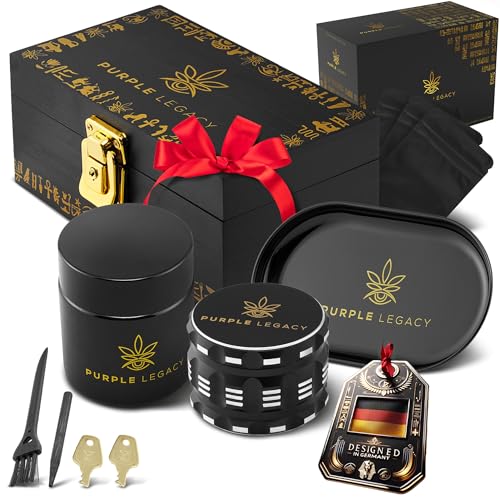 PURPLE LEGACY® Coffret cadeau Boîte Grinder Boîte en bambou avec verrou | Boîte de rangement avec broyeur, plateau, verre UV et accessoires Grand Grinder