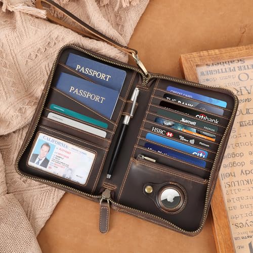Polare Full Grain Leather Travel Passport Holder RFID Blocking Cover Case Travel Document Organizer Wallet Holders 2 Passports With YKK Zipper (Dark Brown with AirTag Slot)3