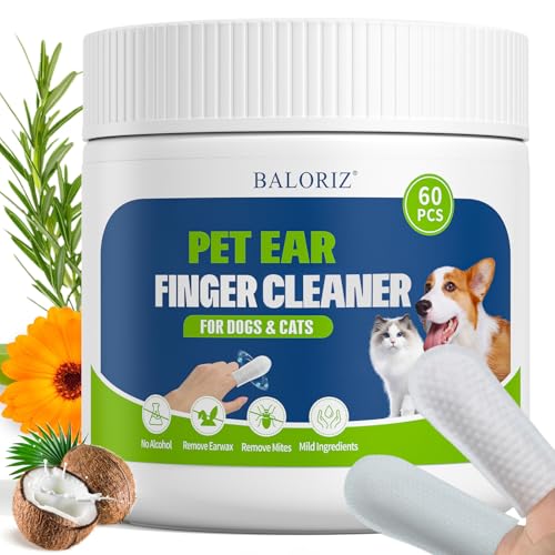 BALORIZ Ohrenreinigung für Hunde, Finger-Ohrenreinigung für Hunde und Katzen, entfernen sanft Ohrenschmalz, beruhigen und desodorieren, lindern Ohrenjucken, Haustierbedarf, 60er-Pack