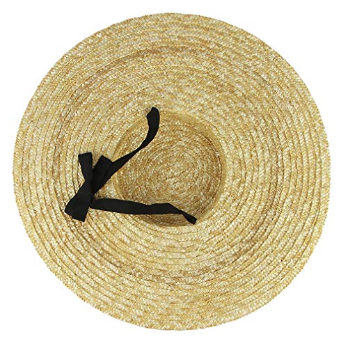 Jelord Chapeau de paille vintage pour femme - Chapeau de paille à large bord plat - Chapeau de plage avec mentonnière - Bord : 12 cm - Beige, Beige - Bord : 12 cm – vue 5