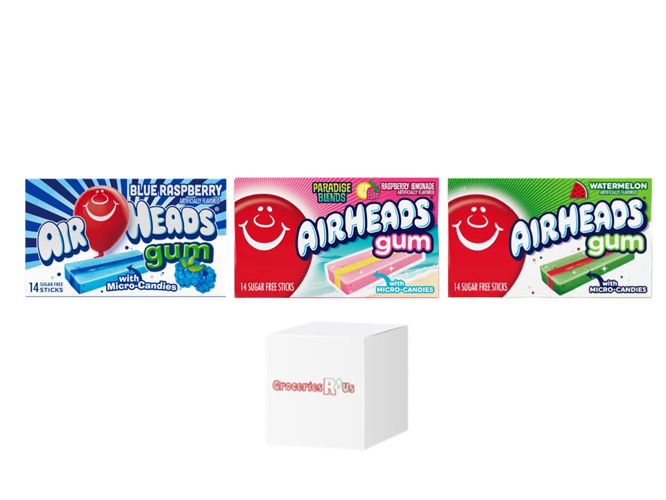 American Bubblegum variety Pack - Airheads Blue Raspberry, Raspberry Lemonade & Watermelon Gum with micro Candies - 14 sticks per box - One of Each Flavour.
