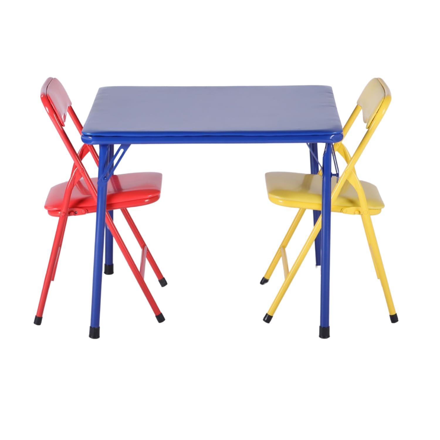 HOMYLIN Set di 3 sedie e tavolo pieghevoli multicolore per bambini, portatile, leggero, colorato, set di attività per bambini, 2 sedie colorate (29 x 27 x 53 cm) e tavolo blu (61 x 61 x 51 cm)