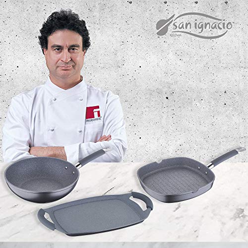 San Ignacio MasterPro GRAN FORMATO-Grill 28x28, Wok 28 y Plancha Asador 36 cms, gris, inducción, aluminio forjado