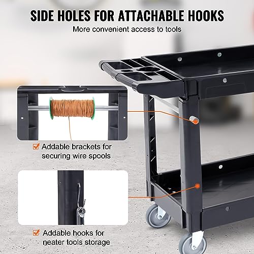 Image of VEVOR Utility Service Cart, 2 Shelf 550LBS Heavy Duty Plastic Rolling Utility Cart, Medium Lipped Shelf, 360 Swivel Wheels, Ergonomic Storage Handle for Warehouse Garage, Black