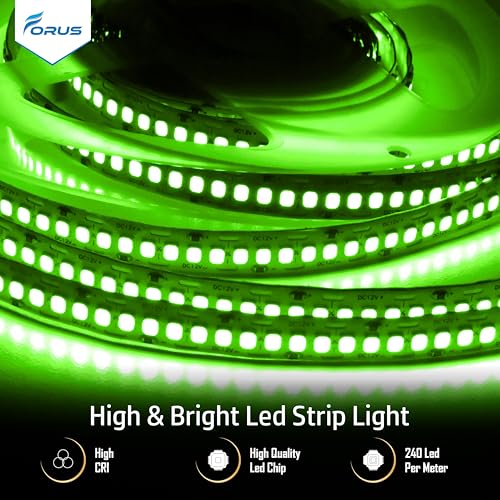 Image of Forus 5 Meter (5M) 10MM Green LED Strip Light, 240 LEDs /M Plug & Play Flexible Lighting for Home Decor, False Ceiling, Pooja Room, Living Room, Kitchen, Mirror, Stairs, 2-Year Warranty