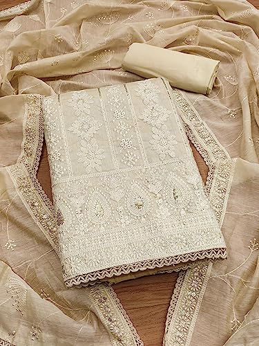 Image of Pandadi Saree Women's Elegant Lucknowi Work with Modal Cotton Chanderi and Embroidered Dupatta Unstitched Dress Material