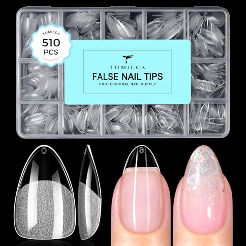 TOMICCA Short Almond Nail Tips 510pcs 15 Sizes Pre-Shaped Soft Acrylic Gel Nail Tips Almond Shape Clear Press on Nails Extensions False Nails for Nail Manicure Salon Beginner Home DIY