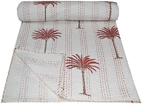 Palm Tree Handblock Print Queen Size Kantha Quilt Blanket Bed Cover Kantha Bedspread Bohemian Bedding Size, 90x60