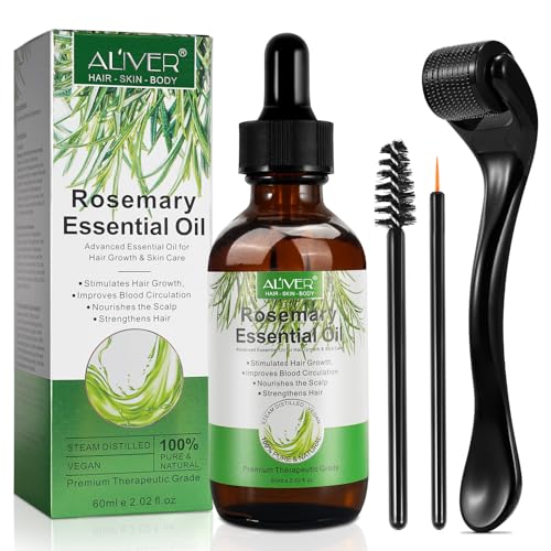 Aceite de Romero para el Cabello 60 ml con Dermaroller 0.5mm, Aceite Esencial de Romero 100% Puro para Pestañas, Cejas, Rostro, Cuidado de la Piel, Masaje Corporal, Promover el Crecimiento