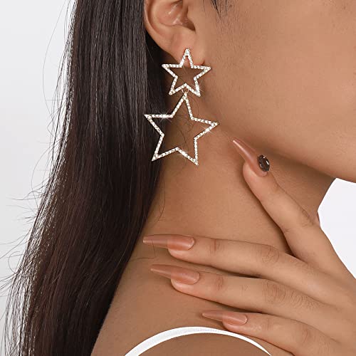 Star Earrings for Women Sparkle Silver Star Drop Earrings Rhinestone Big Star Dangle Earrings Hollow Star Dangling Earrings Long Double Star Stud Earrings Jewelry Lightweight Festival Christmas Birthday Party Jewelry Dainty Gifts for Friends (Silver double star)2
