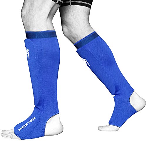 Meister MMA Elastic Cloth Shin & Instep Padded Guards (Pair) - Blue - Small/Medium