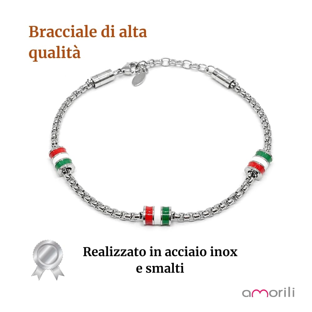 Bracciale Italia Uomo in Acciaio Inox con Bandiera Italiana – Smalti Tricolore Nazionale – Gioiello Maschile Patriottico – Idea Regalo Uomo
