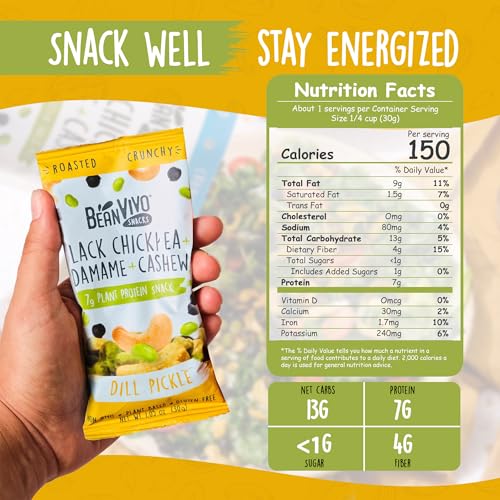 BeanVIVO Plant Based Protein Snacks - Dill Pickle Flavor with Dried Edamame, Roasted Cashew and Chickpeas - Non-GMO Crunchy Salad Toppers - High-Protein and Rich in Fiber - 8Pack (1.05 oz Each Pouch) - Image 3