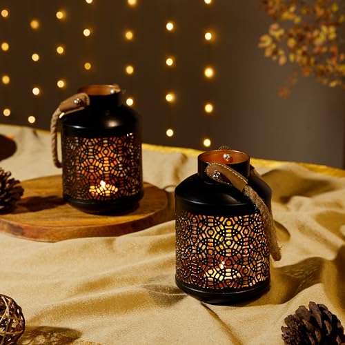 Image of Amazon Brand - Solimo Tea Light Lantern - Round Bottle Design, Black Iron with Gold Interior, Set of 2 (Size: L-10 cm x W-10 cm x H-15 cm)