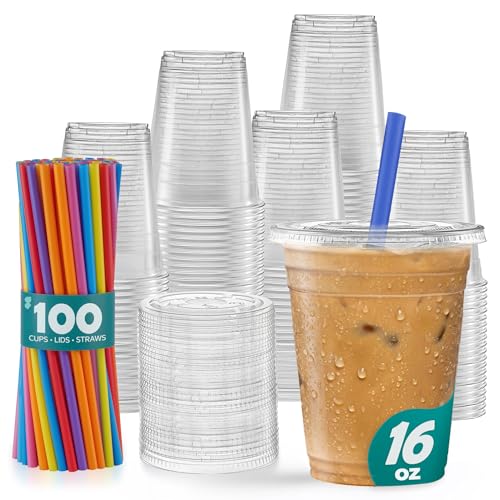 GUSTO [16 oz. - 100 Count Clear Cups with Flat Lids & Straws - Disposable Clear Drinking Cups for Iced Coffee Cold Drinks Milkshakes and Smoothies - Formerly Comfy Package