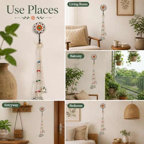 Image of KAAMERI BAZAAR Macrame Wind Chimes Enhance Living Space for Diwali (4 Bells, 1 Ring Tied with White Macrame Thread)