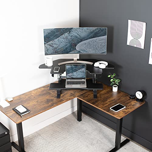 Image of VIVO Black 43 inch Corner Desk Converter, DESK-V000VC | Large, Height Adjustable, Stand Up Desk Riser, Wide Keyboard Tray, Standing Dual Monitor and Laptop Workstation, V Series