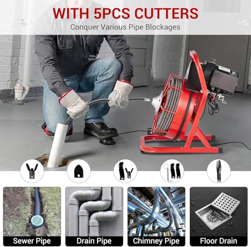 Image of Garvee 75FT x 1 /2 Inch Drain Cleaner Machine, Portable Drain Cleaning Machine Snake with 6 Cutters & Foot Switch for 1 inch to 4 inch Pipes, Heavy Duty Sewer Auger for Sinks, Toilets, Showers