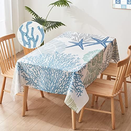 Nautical Coastal Tablecloth for Rectangle Table Beach Themed Starfish Coral Seashell Print Table Cloth Waterproof Durable Table Cover for Kitchen Dining Room Indoor/Outdoor Party 60 x 102 Inches, C3