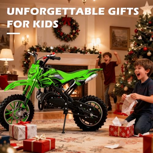 Image of 50cc Dirt Bike, 2 Stroke Gas Mini Bike for Kids 8-14 with Front Rear Disc Brakes, 10 Inch Off-Road Tires, Shock Absorption, Seat Height 23.6in, Max Speed 40mph, 2026 Upgraded, Green