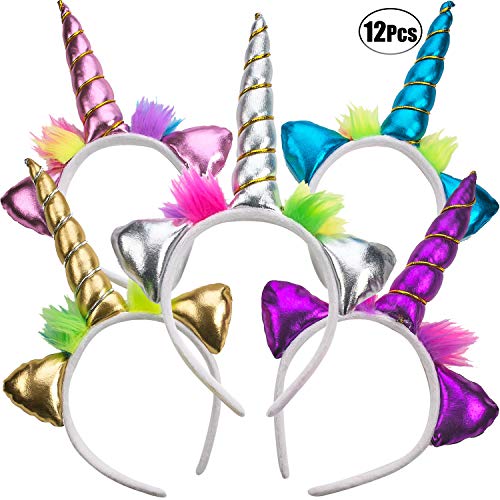 Unicorn Headband - (Pack of 12) Unicorn Headbands for Girls, Party Favors and Rainbow Unicorn Birthday Party Supplies for Kids, Sparkling and Flexible Horn Hair Accessory By Bedwina