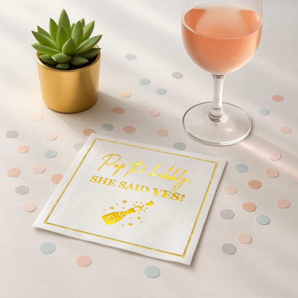 She Said Yes Engagement Napkins, Gold “Pop the Bubbly, She Said Yes!” Decorations, We're Engaged Paper Cocktail Napkin, Getting Married Celebrations, Wedding Bridal Shower Decor, Bachelorette Parties