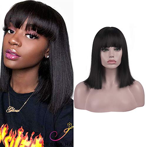 PEACOCO Short Black Wigs for Women, 14'' Bob Hair Wig with Bangs, Natural Fashion Synthetic Full Wig, Cute Colored Wigs for Daily Party Cosplay Halloween (Black)
