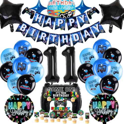 Videospiel Geburtstagsdeko 11 Jahre Geburtstag 11. Junge Spiel Gamer Party geburtstag Deko Set XXL Gaming Controller Folienballons Set mit Banner Cake Topperfür Junge Geburtstag Spielthemen Party