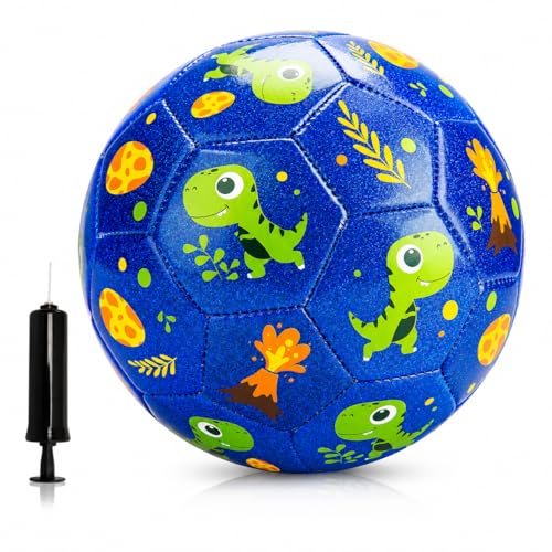 U&C Planet Toddler Soccer Ball Size 2 with Pump Deflated Blue Dinosaur Cartoon Ball for Kids Boy Girl 2 3 4 5 Years Old Indoor Outdoor Soccer Game