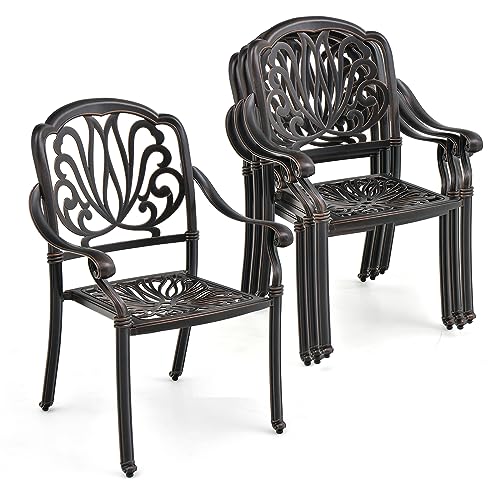 Tangkula Set of 4 Cast Aluminum Patio Dining Chairs, Stackable Outdoor Dining Chairs with Armrests, Outdoor Bistro Chairs for Balcony, Backyard, Garden, Bronze