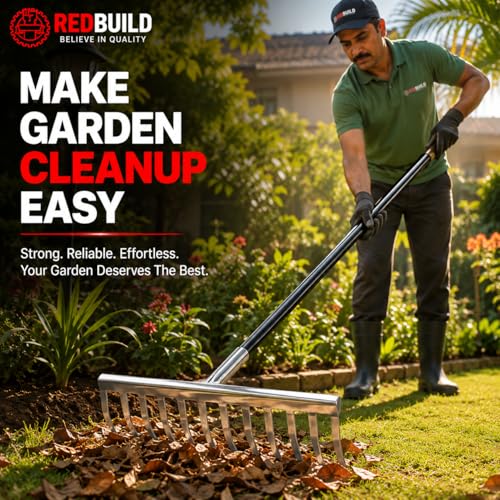 Image of REDBULD Heavy Duty Stainless Steel Garden Rake with Long Handle | Rake for Gardening | Rake for Quick Clean Up of Lawn and Yard | Garden Leaf | Garden Fork