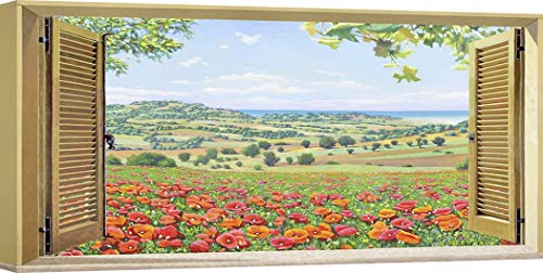 ART PRINT CAFE' – Tableau moderne salon, impression sur toile - Tableau Trompe-L'Oeil, Andrea del Missier, Fenêtre sur champ de coquelicots - 100x50 cm