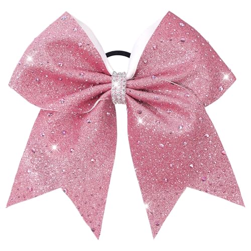 VOBOBE 7 Large Glitter Cheer Hair Bows with Rhinestones Pink Ponytail Holder Elastic Band Handmade for Cheerleading Teen Women Girls College Sports 1pcs (Pink)