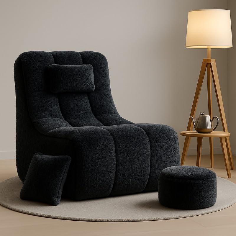 Image of Biggie Bean Bag Chair with Beans Filled 6XL Royal Chair-Laziness Pro Max-Crafted for Comfort-Styled for Elegance with Free Cushion & Footrest (Matching Color : Soft Fur Black)