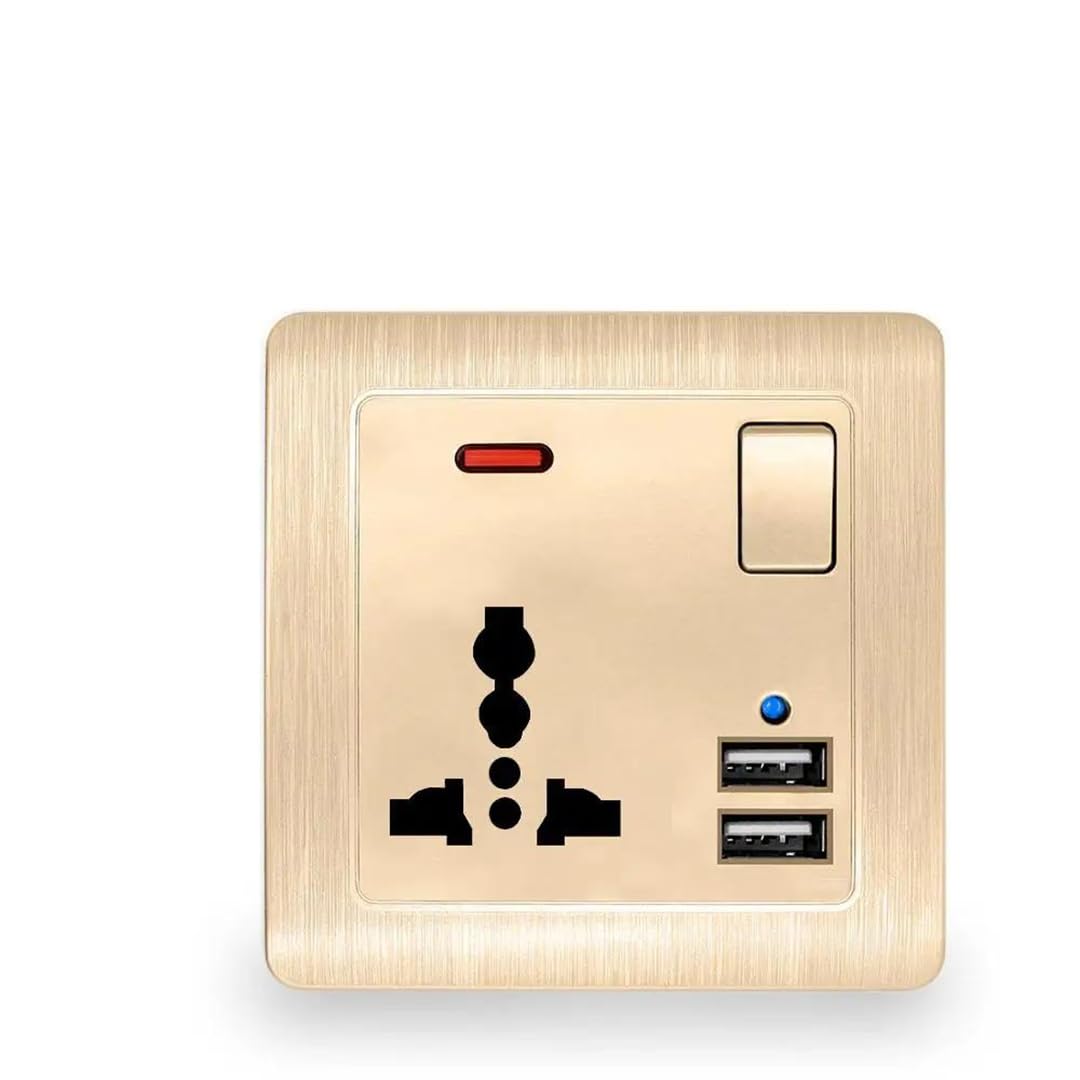Prise Usb Universelle À 3 Trous, Prise De Courant Ue Dorée Avec Interrupteur De Commande 2,1 A, Double Prise Usb Murale À Charge Rapide Golden 110-250V