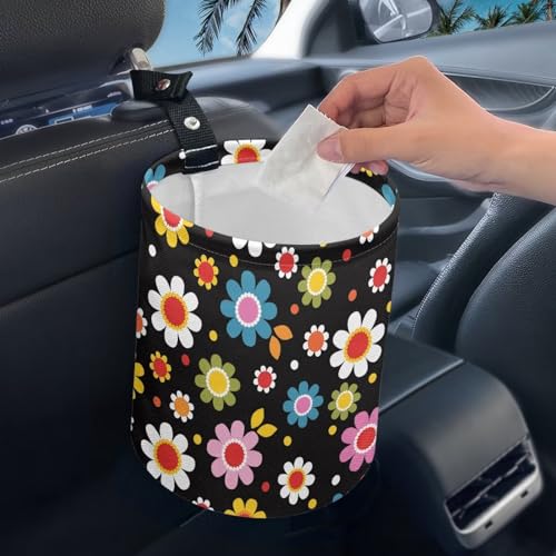 Image of Colorful Hippie Flowers Car Trash Can Collapsible Car Waste Basket Container Waterproof Auto Storage Box Travel Accessories