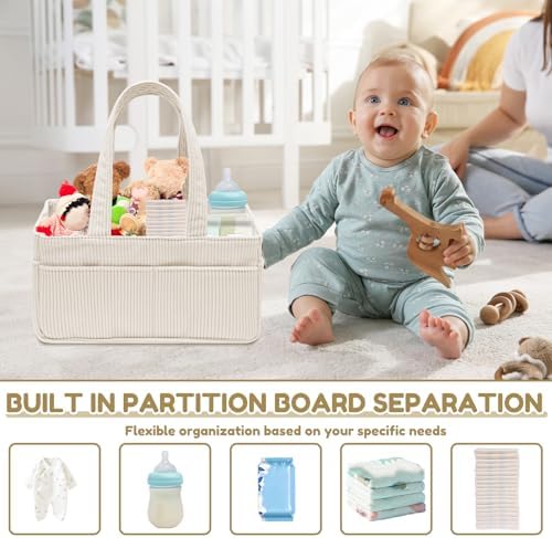 Nappy Caddy Organizer, Diaper Caddy Organizer, Portable Corduroy Diaper Storage Basket With Handle, Diaper Caddy Organizer For Changing Table Nursery Shower Newborn - 3