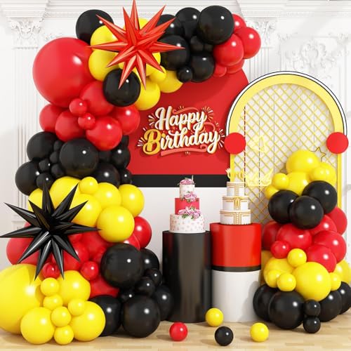 Kit de arco de globos rojo, negro y amarillo con globos de aluminio de estrella, arco de globos de monstruo de dibujos animados con globos impresos de rayos, para niños y niñas, decoración de fiesta