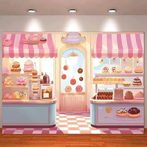 HQM Pink Cute Sweet Shop Banner Donut Cake Candy Shop Bakery Store Cake Donut Ice Cream Girls Princess Birthday Baby Shower Party Photography Backdrop 71x47.2 Inch Supplies Cover