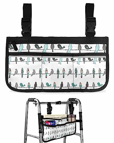 Teal Grey Birds Wheelchair Side Bag Walker Bag, Checkered Florals Turquoise Wheelchair Accessories Armrest Pouch, Organizer Storage Bag for Walkers, Rollators, Scooters, 7.3''x13''