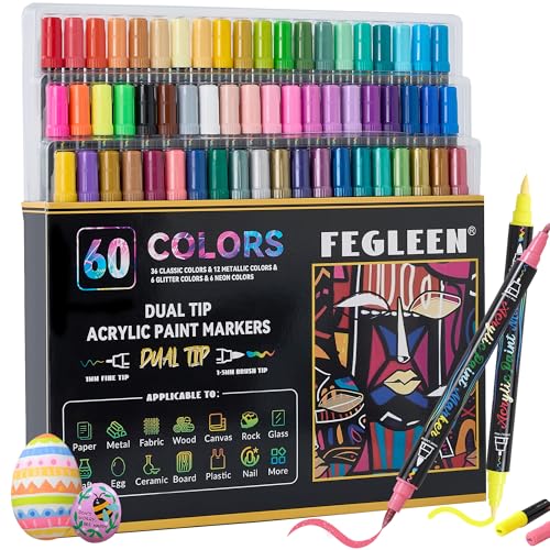 FEGLEEN 60 Colors Acrylic Paint Markers,Dual Tip Acrylic paint Pens Contain 12 Metallic Colors 6...