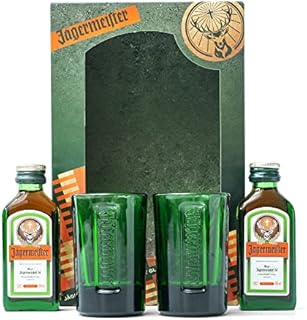 Jagermeister x 2 Official Miniatures Shot Bottles 2cl and x 2 Shot Glasses - Alcohol Bottles and the Perfect Jager Gift Set