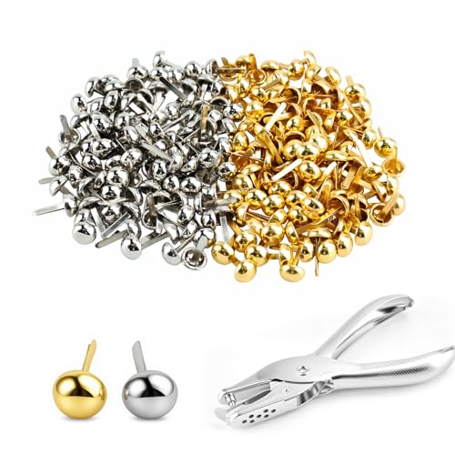 200 Musterbeutelklammern Gold Silber Heftklammern Klein Büroklammern Motiv Metall Musterklammern Rundkopfklammern Mini Brads Papierklammern für Büro DIY Briefklammern Scrapbooking Brads + Handlocher