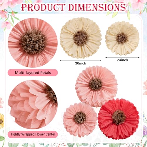 Image of Chunful 5 Pcs 30'' 24'' Giant Fairy Tissue Paper Flowers Decor Crepe Large Colorful Hanging Tissue Paper Pom Poms Decor for Fairy Garden Birthday Bachelorette Wedding Baby Shower Bridal Shower Party