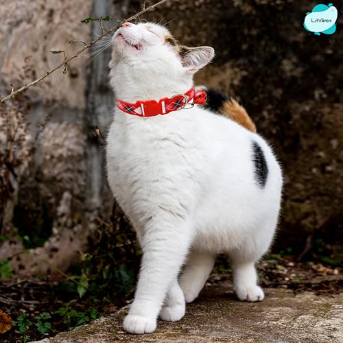Image of Cat & Puppy Collar with Bell,Kitten & Small Dogs Soft Adjustable,Safe,Solid & Protective Breakaway for Cats & Puppies,Cute Kitty Neckband with Diamond Print-(Red)
