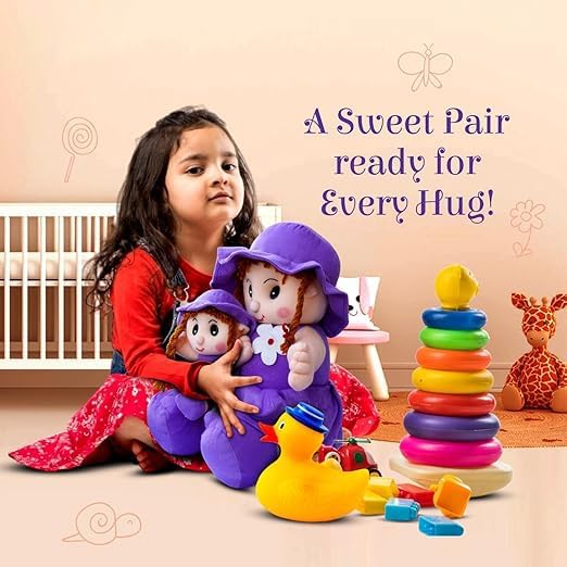Image of Yellow Plush Doll Set, Stuffed Toy Dolls with Braided Hair and Sun Hats, Mother Daughter Matching Outfit, Girls Gift (Purple,Red,Pink and Yellow) (Purple)