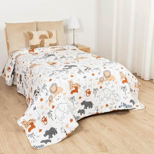 TRAMAS+ Colcha Infantil de Verano y Primavera, Microfibra Acolchada Estampada, 220 x 270 cm, Diseño Divertido para Cama 120 cm   Fauna